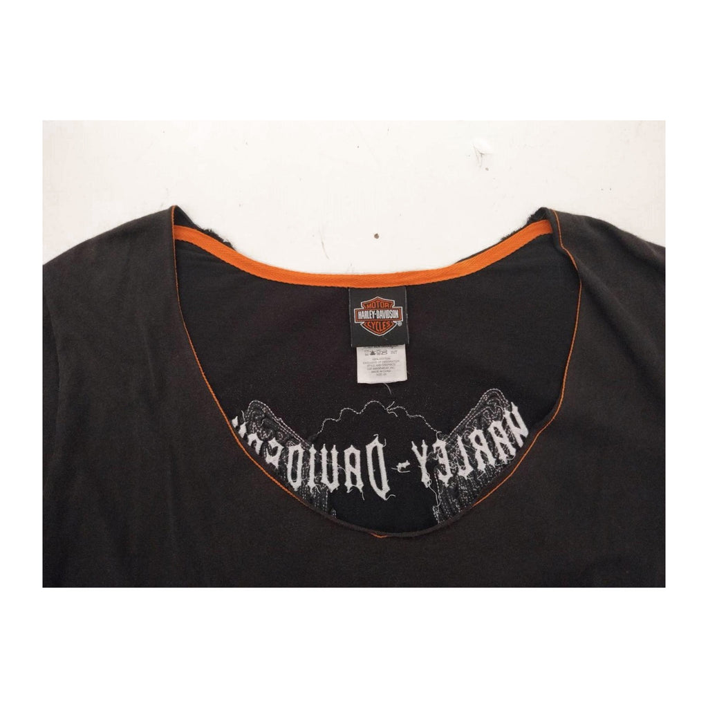 vinatge Harley Davidson Women's Rhinestone Skull Short Sleeve T Shirt Black 2XL