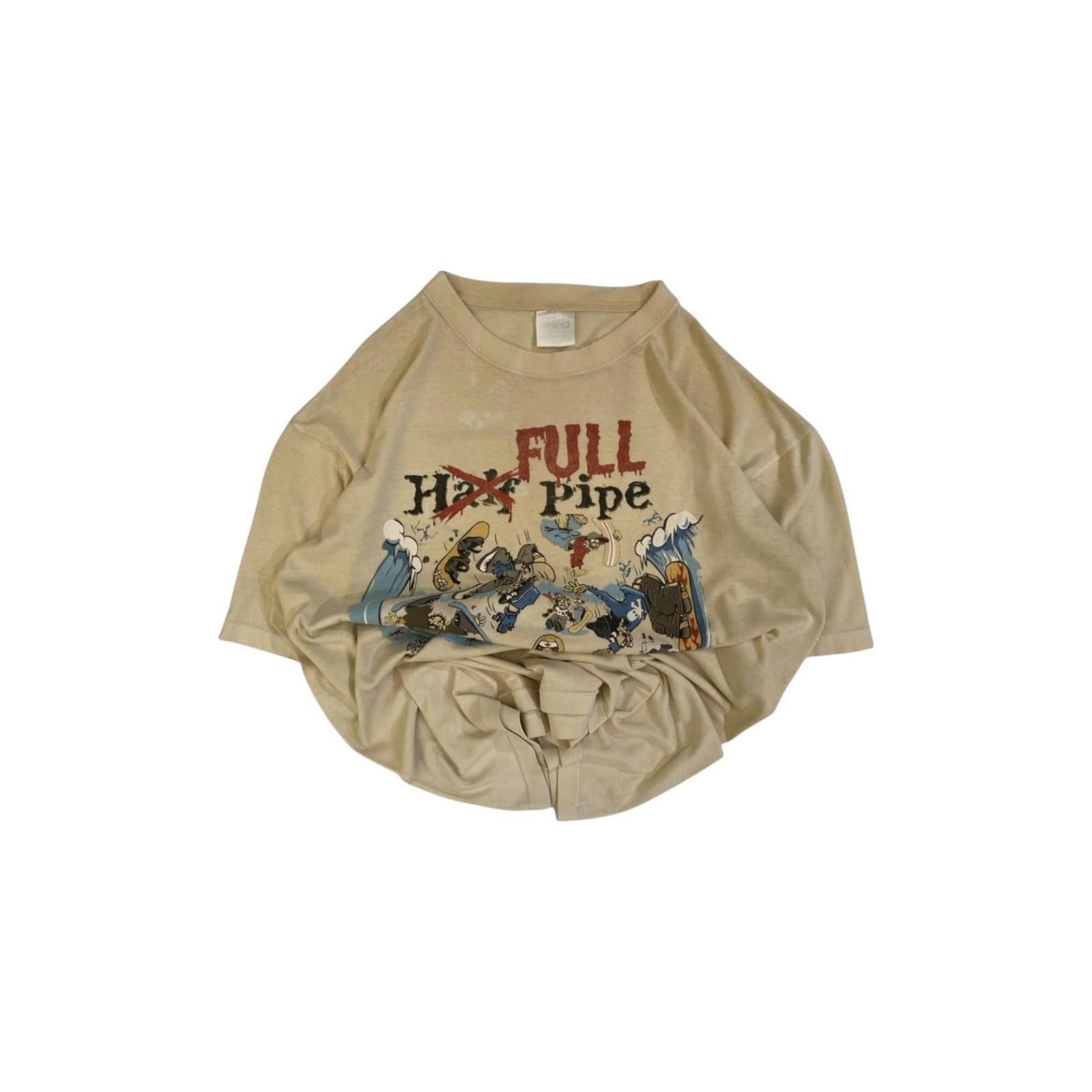Med Men's Full Pipe 1990's Skateboard Graphic Short Sleeve T Shirt Beige M