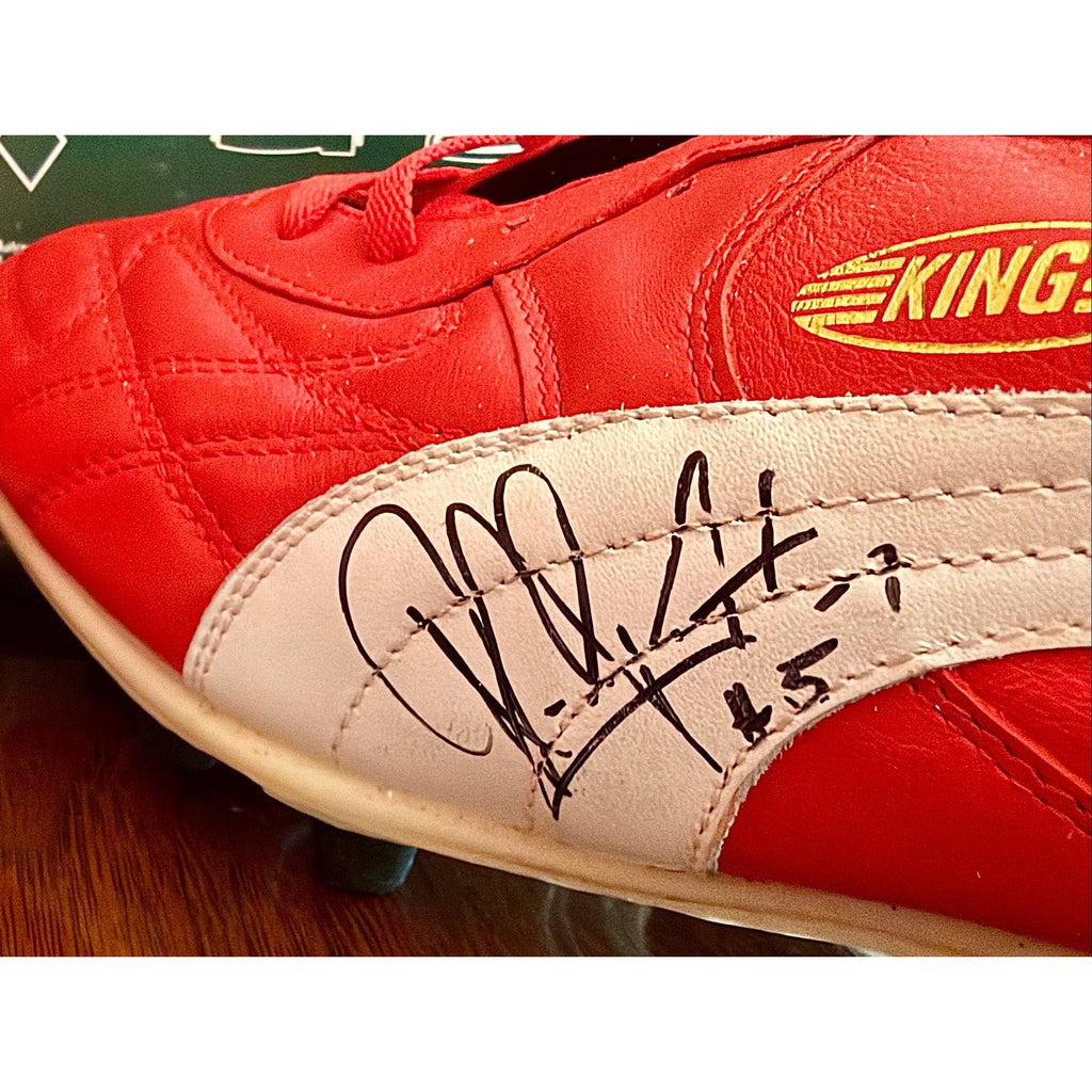 Vintage Puma King OG football boots in red/white, signed on both boots.