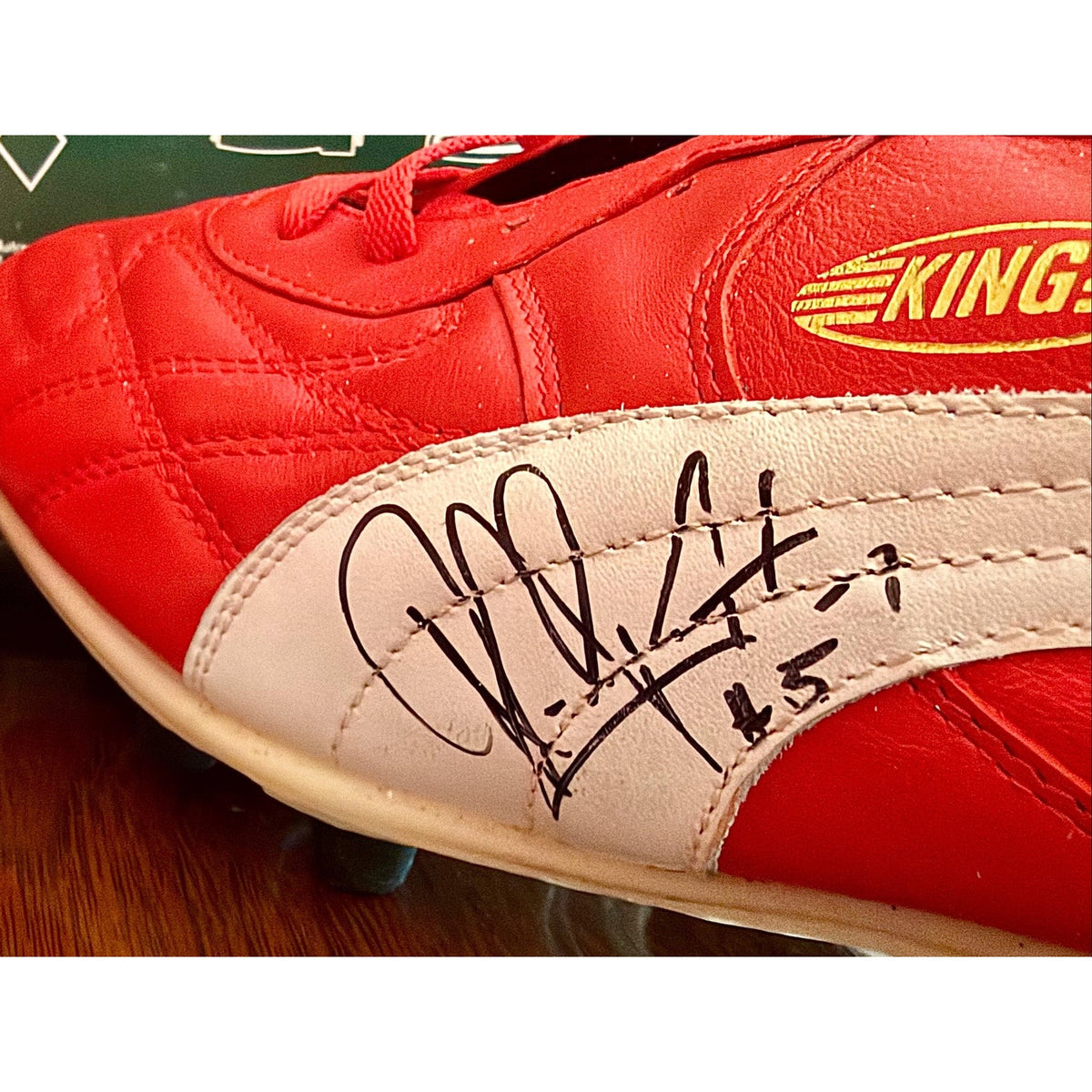 Vintage Puma King OG football boots in red/white, signed on both boots.