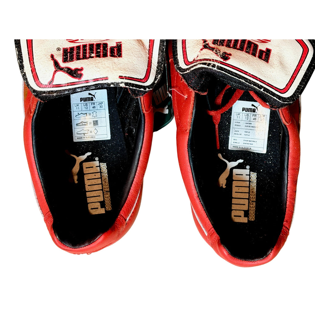 Vintage Puma King OG football boots in red/white, signed on both boots.