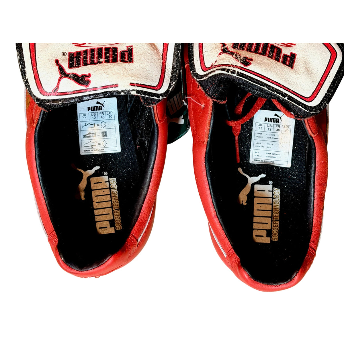 Vintage Puma King OG football boots in red/white, signed on both boots.