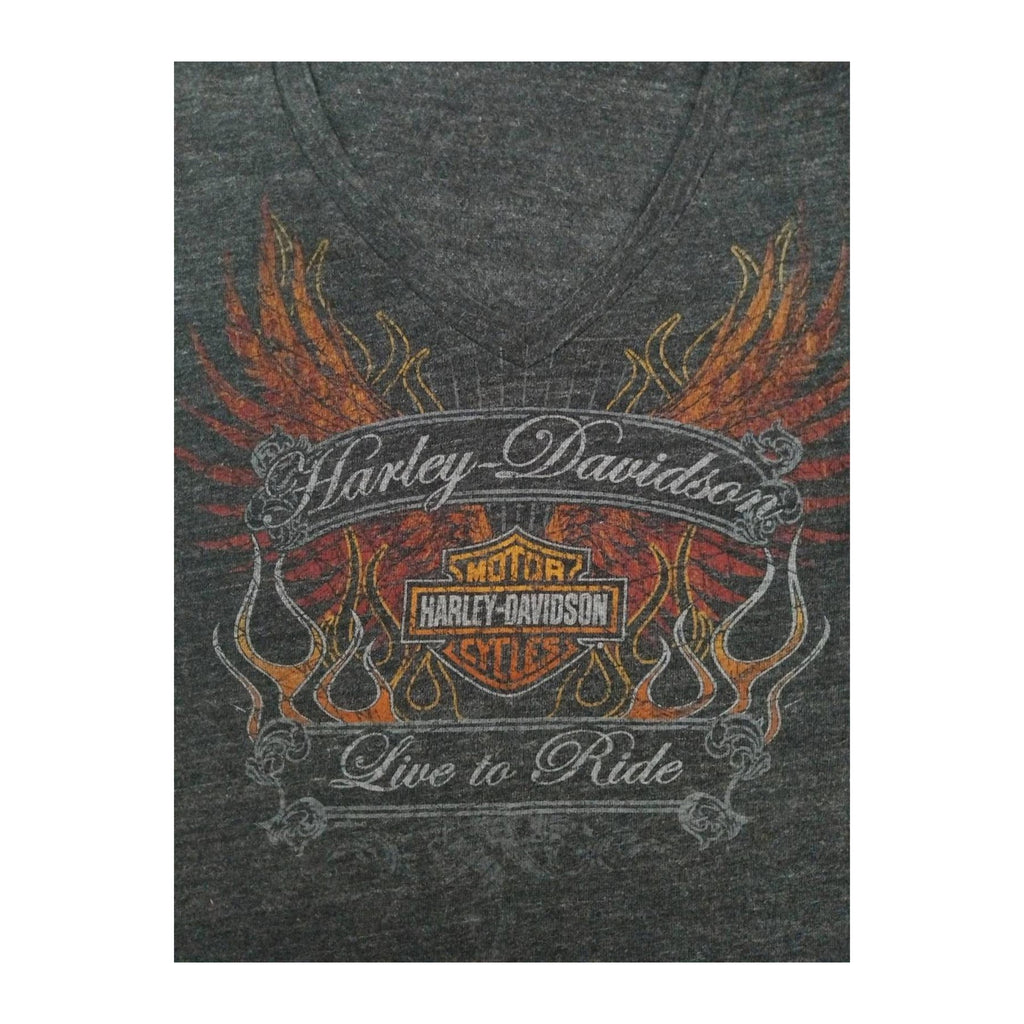 Harley Davidson Live to Ride Flame Graphic Short Sleeve V Neck T Shirt Grey XL