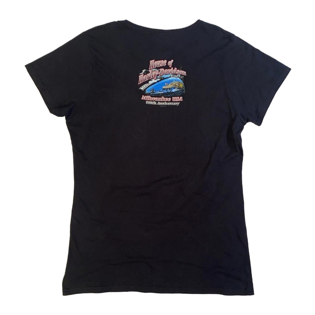 Harley Davidson Women's 110th Anniversary Short Sleeve V Neck T Shirt Black XL