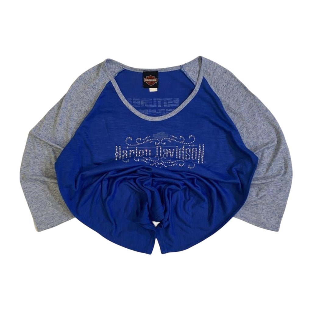 Harley Davidson Women's Bedazzled Western Logo Long Sleeve Baseball Style T Shirt Blue XL