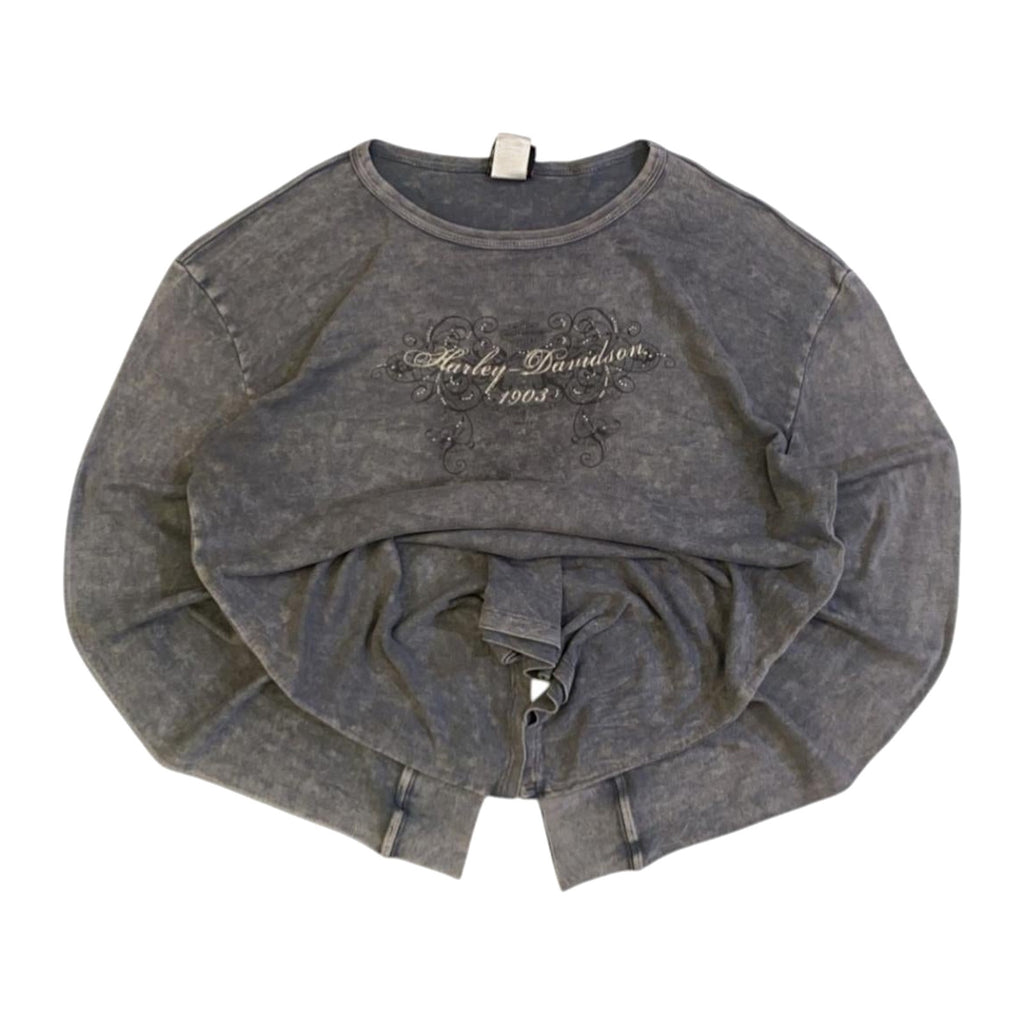 Harley Davidson Y2K Filigree Logo Long Sleeve T Shirt Grey 2XL