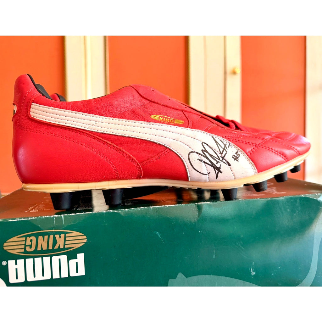 Vintage Puma King OG football boots in red/white, signed on both boots.
