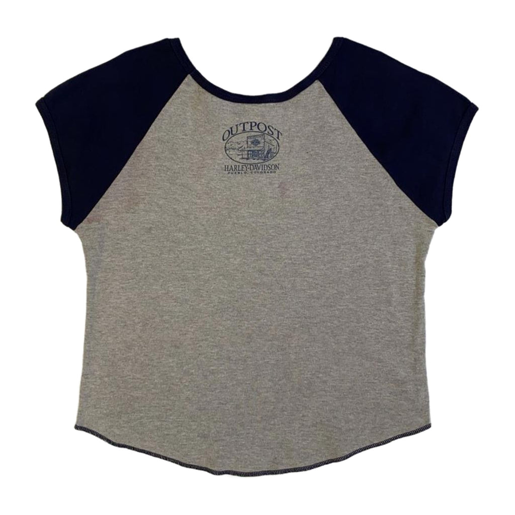 Vintage Harley Davidson Women's Y2K Cybersigil  Baseball T Shirt Grey XL Made USA