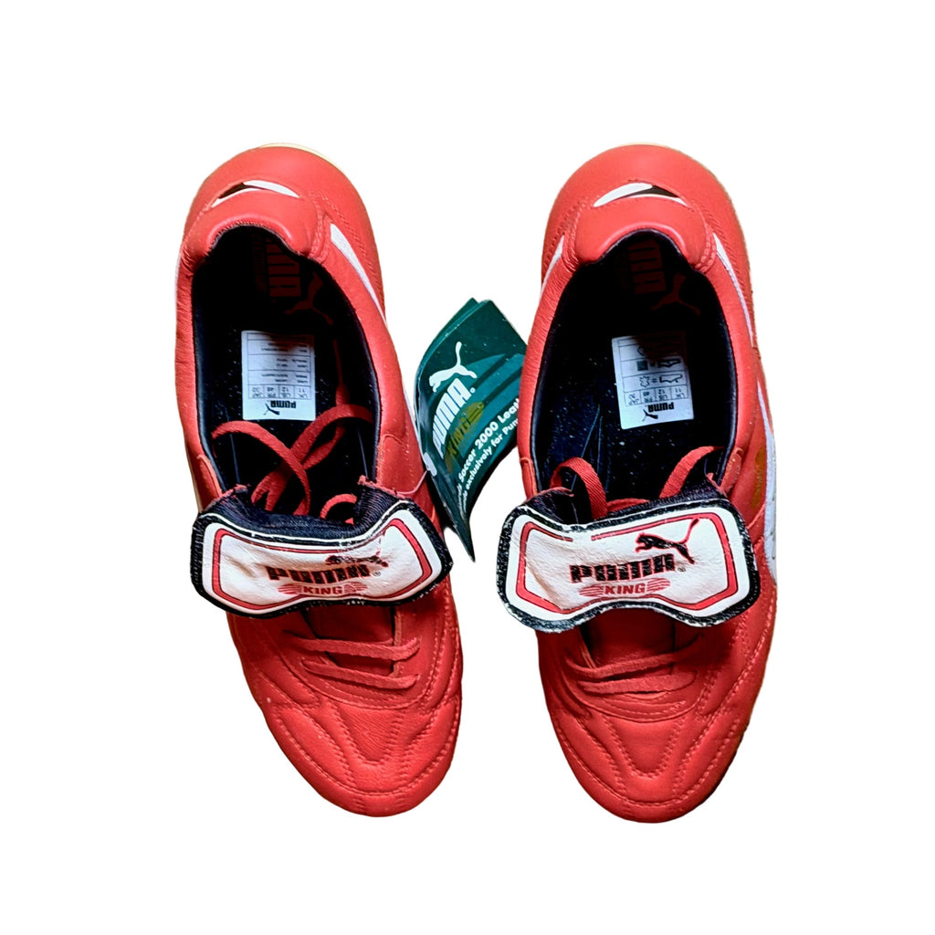 Vintage Puma King OG football boots in red/white, signed on both boots.