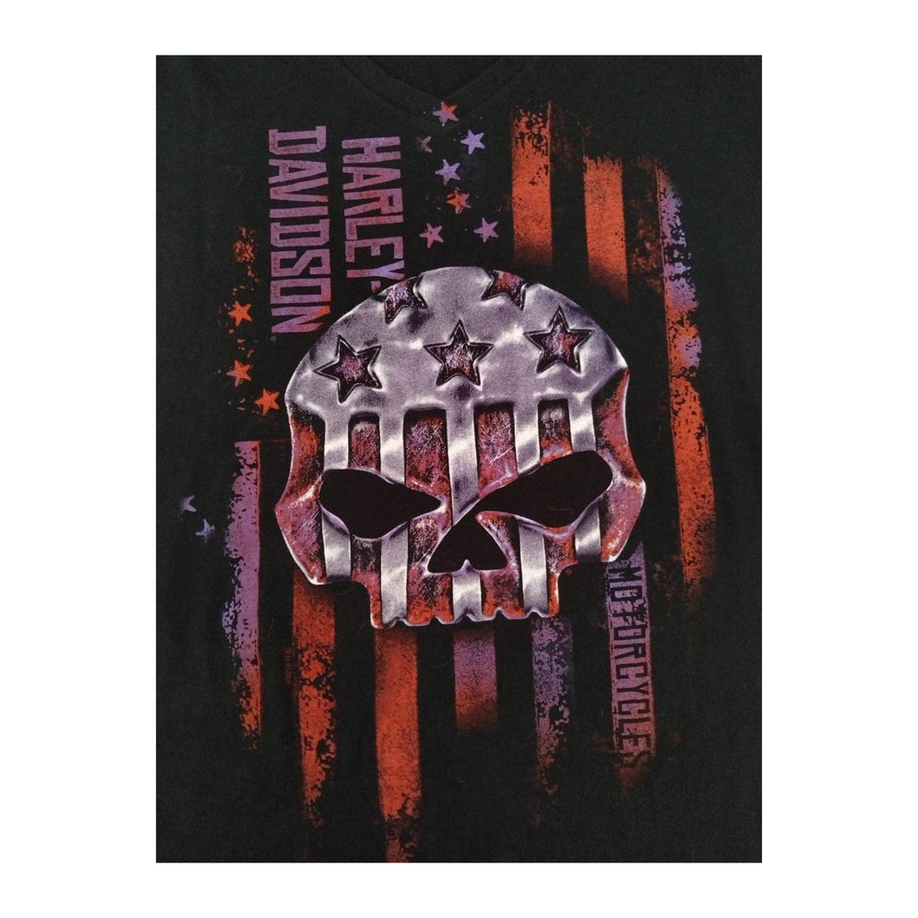 Harley Davidson Women's American Flag Skull Short Sleeve T Shirt Black XL