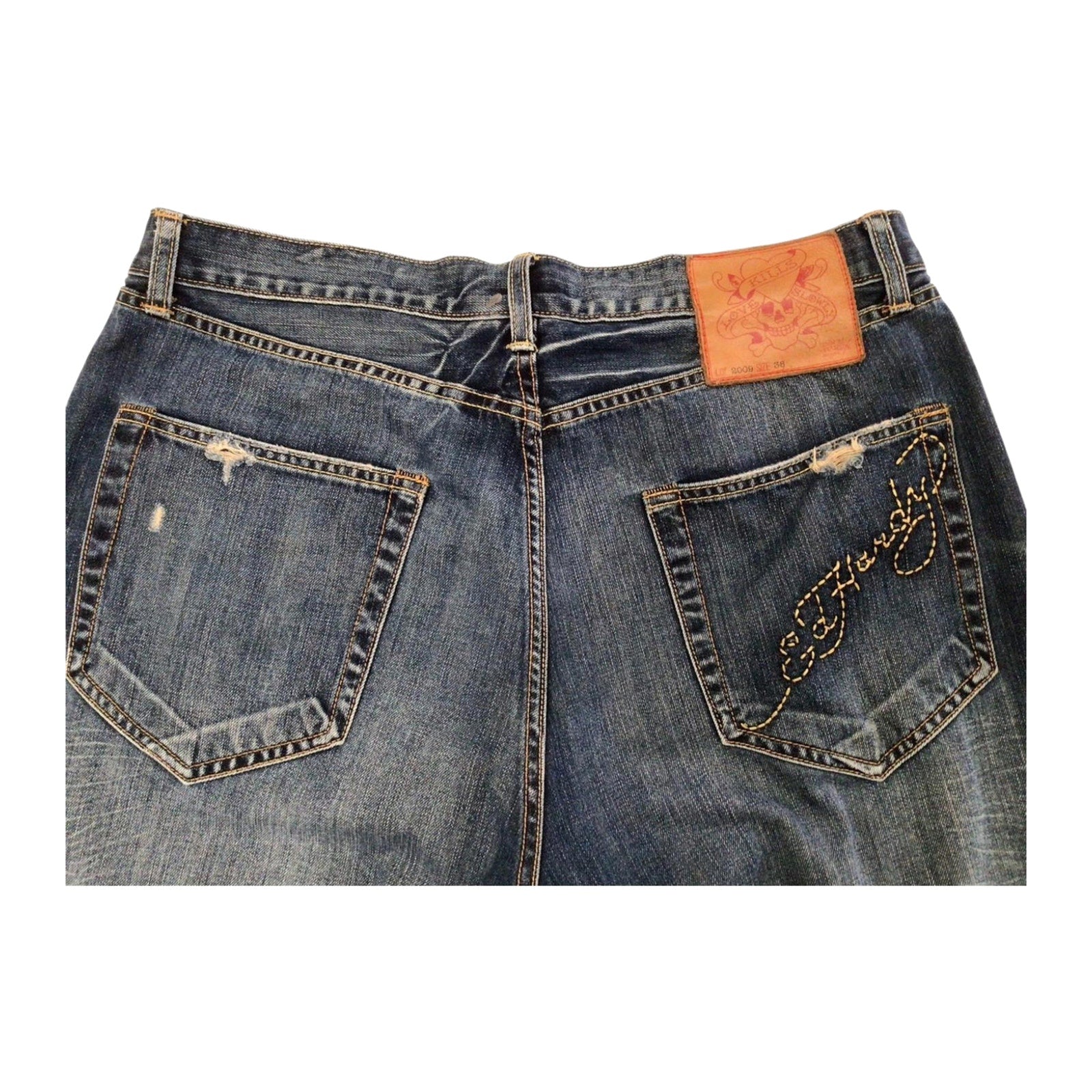 Ed Hardy Y2K Embroidered Distressed Denim Jeans W38 L34