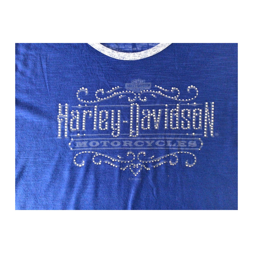 Harley Davidson Women's Bedazzled Western Logo Long Sleeve Baseball Style T Shirt Blue XL