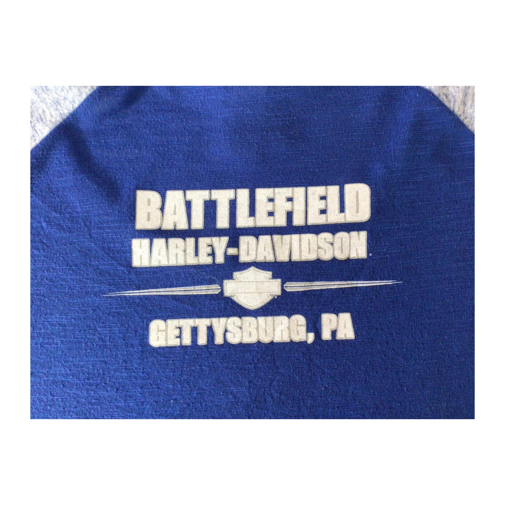 Harley Davidson Women's Bedazzled Western Logo Long Sleeve Baseball Style T Shirt Blue XL