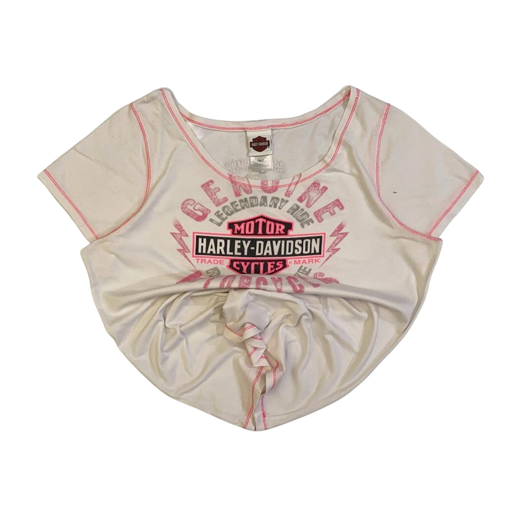 Harley Davidson Flame Skull Pink Stitch Baby Doll T Shirt White XL Made USA