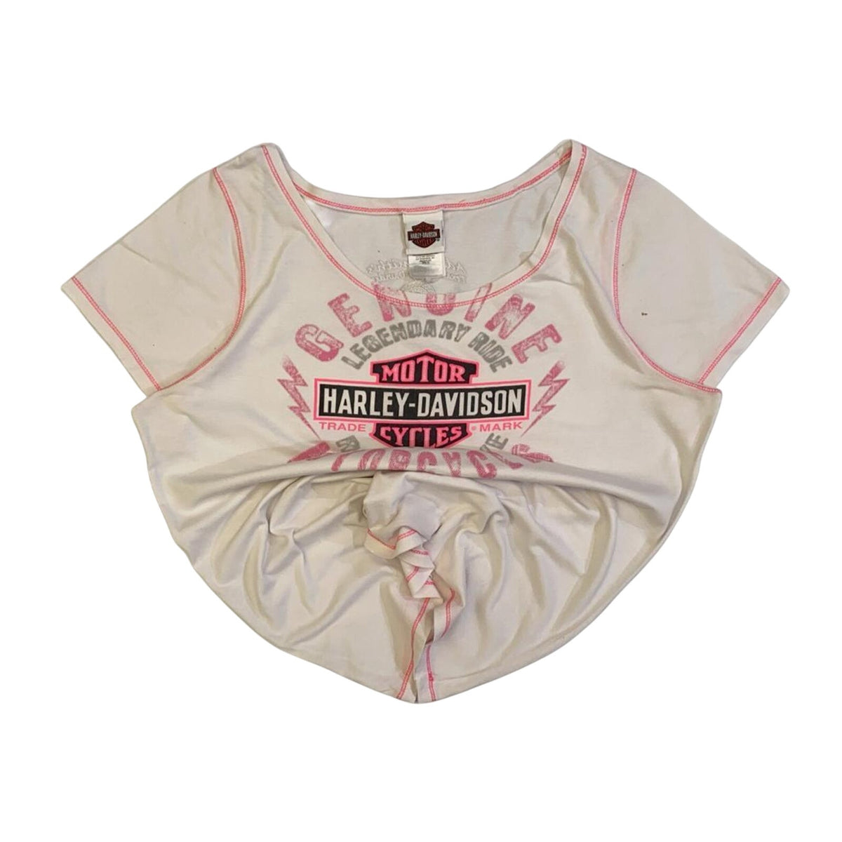 Harley Davidson Flame Skull Pink Stitch Baby Doll T Shirt White XL Made USA