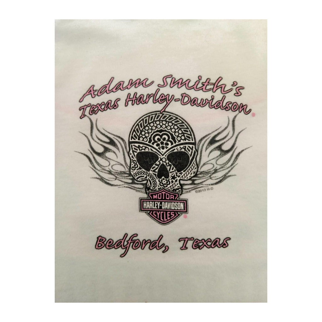 Harley Davidson Flame Skull Pink Stitch Baby Doll T Shirt White XL