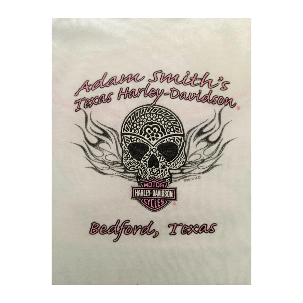 Harley Davidson Flame Skull Pink Stitch Baby Doll T Shirt White XL Made USA