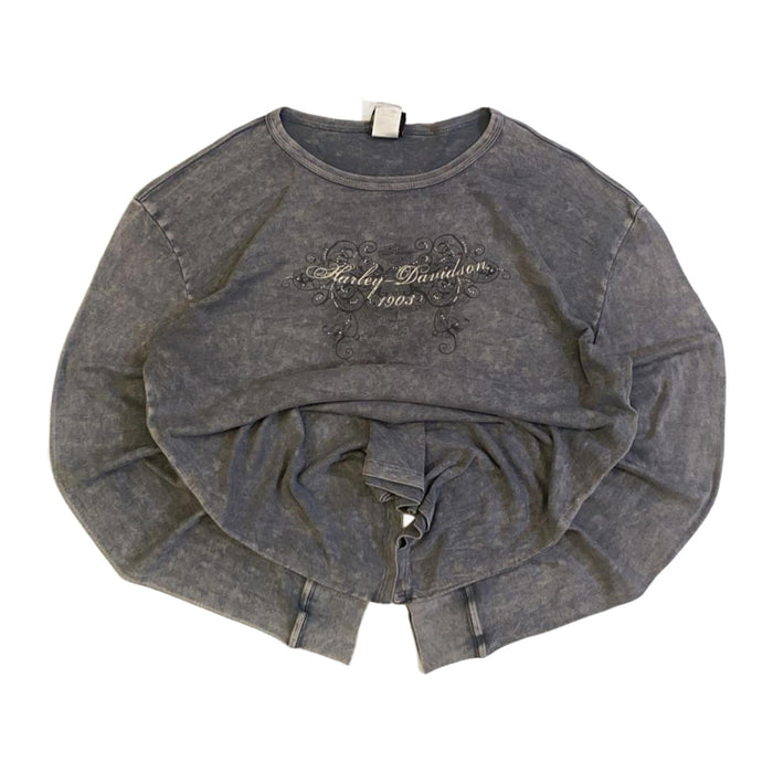 Harley Davidson Y2K Filigree Logo Long Sleeve T Shirt Grey 2XL