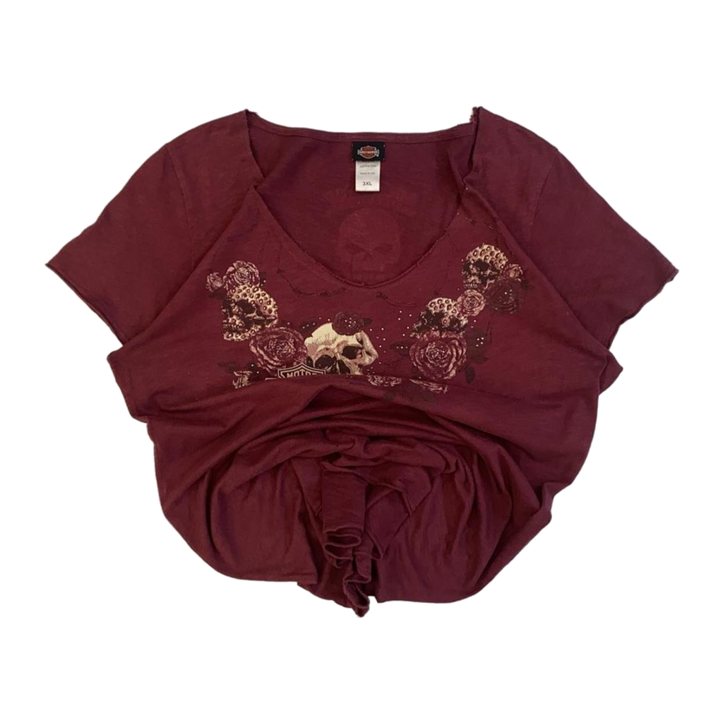 1701 Harley Davidson Skull Rose Graphic Short Sleeve T Shirt Burgundy 3XL