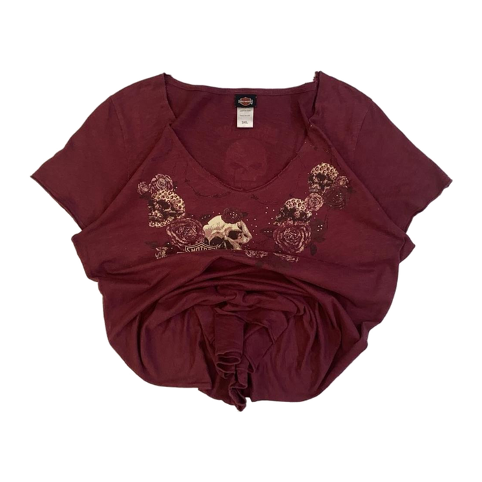 Harley Davidson Skull Rose Graphic Short Sleeve T Shirt Burgundy 3XL