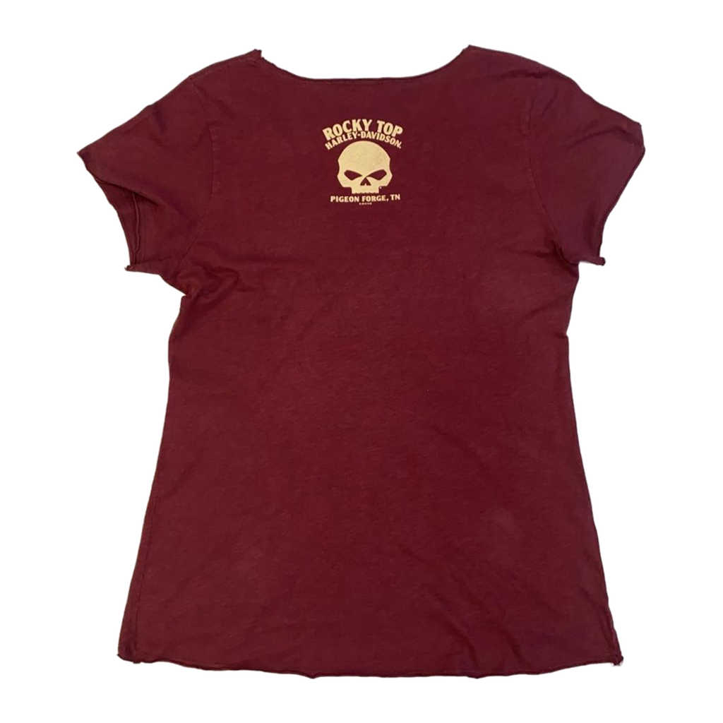 1701 Harley Davidson Skull Rose Graphic Short Sleeve T Shirt Burgundy 3XL