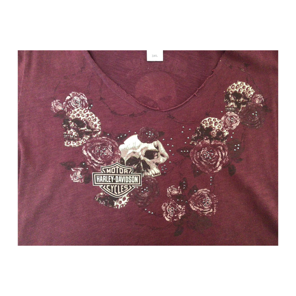 1701 Harley Davidson Skull Rose Graphic Short Sleeve T Shirt Burgundy 3XL