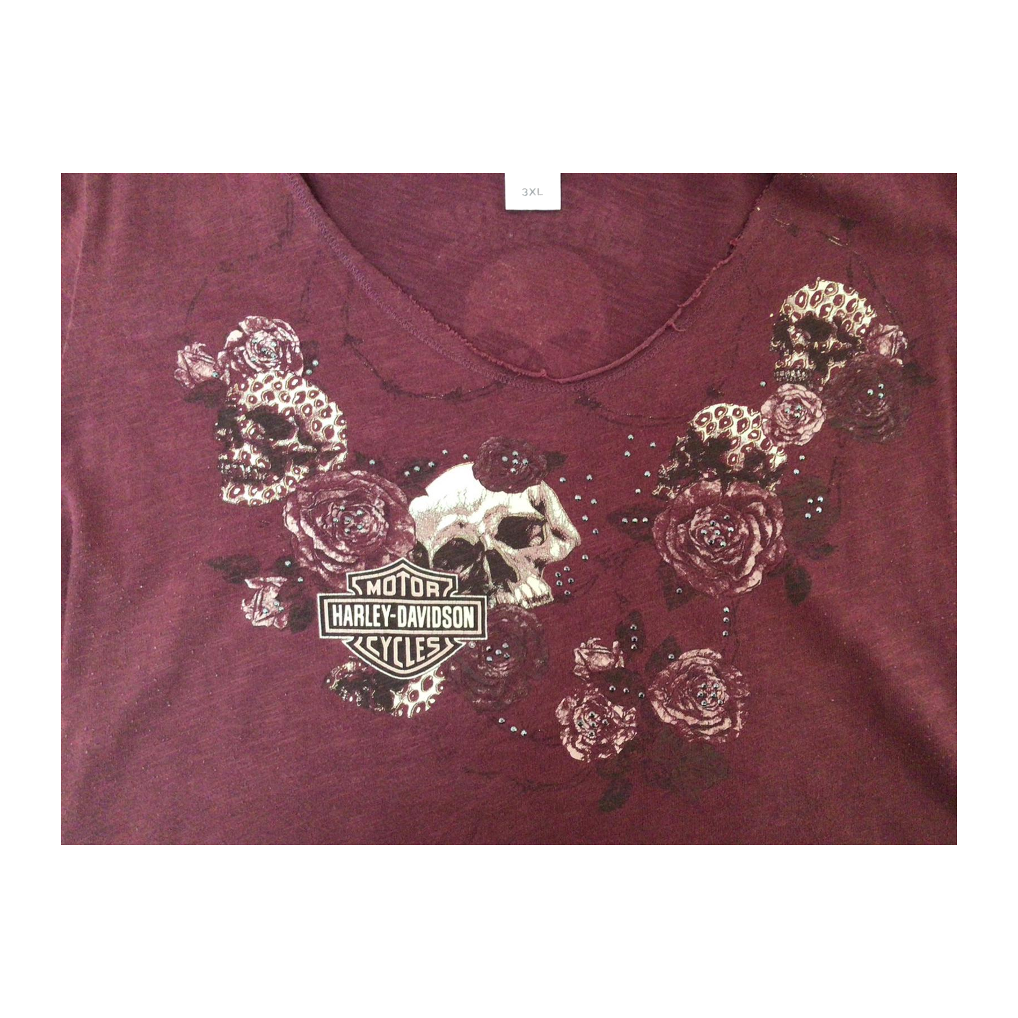 1701 Harley Davidson Skull Rose Graphic Short Sleeve T Shirt Burgundy 3XL
