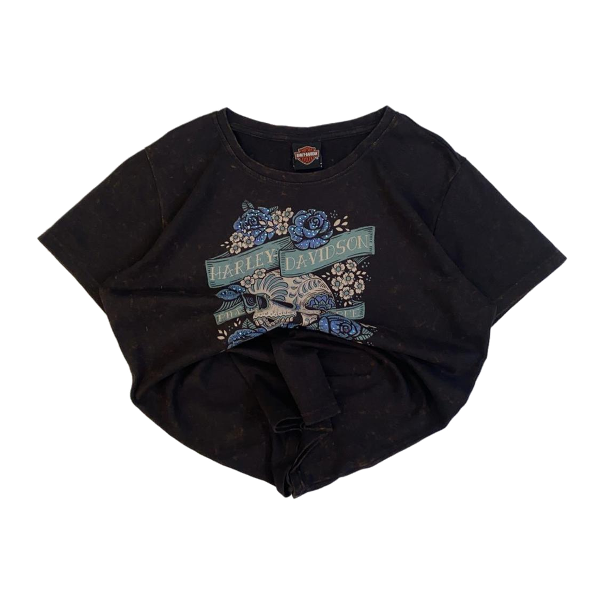1707 Harley Davidson Floral Skull Ride Free Short Sleeve T Shirt Black XL