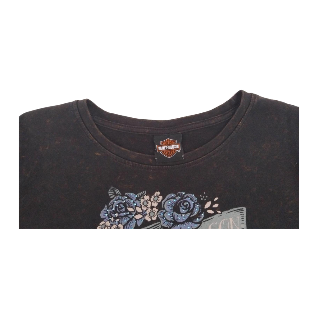 1707 Harley Davidson Floral Skull Ride Free Short Sleeve T Shirt Black XL