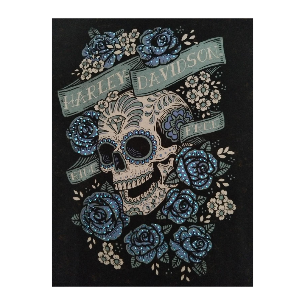 1707 Harley Davidson Floral Skull Ride Free Short Sleeve T Shirt Black XL