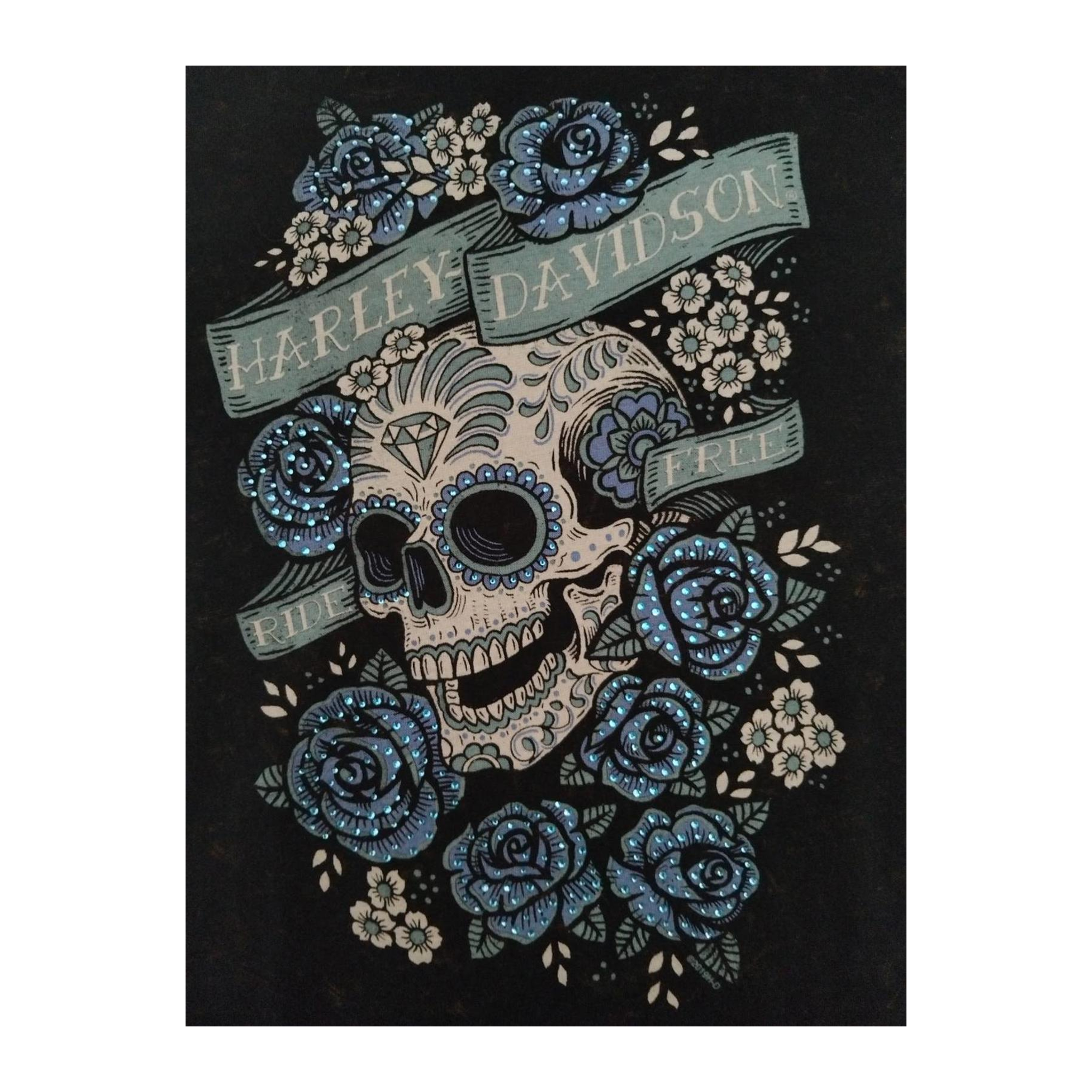 1707 Harley Davidson Floral Skull Ride Free Short Sleeve T Shirt Black XL