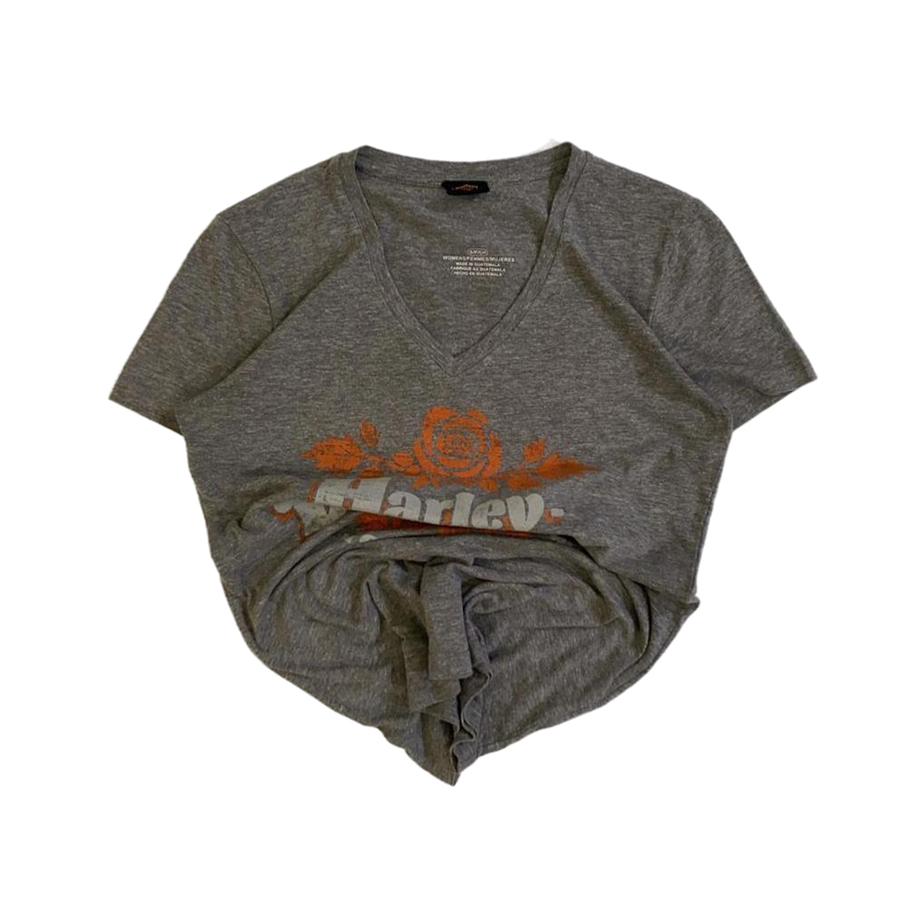 1719 Harley Davidson Women's Floral Logo Short Sleeve V Neck T Shirt Grey S