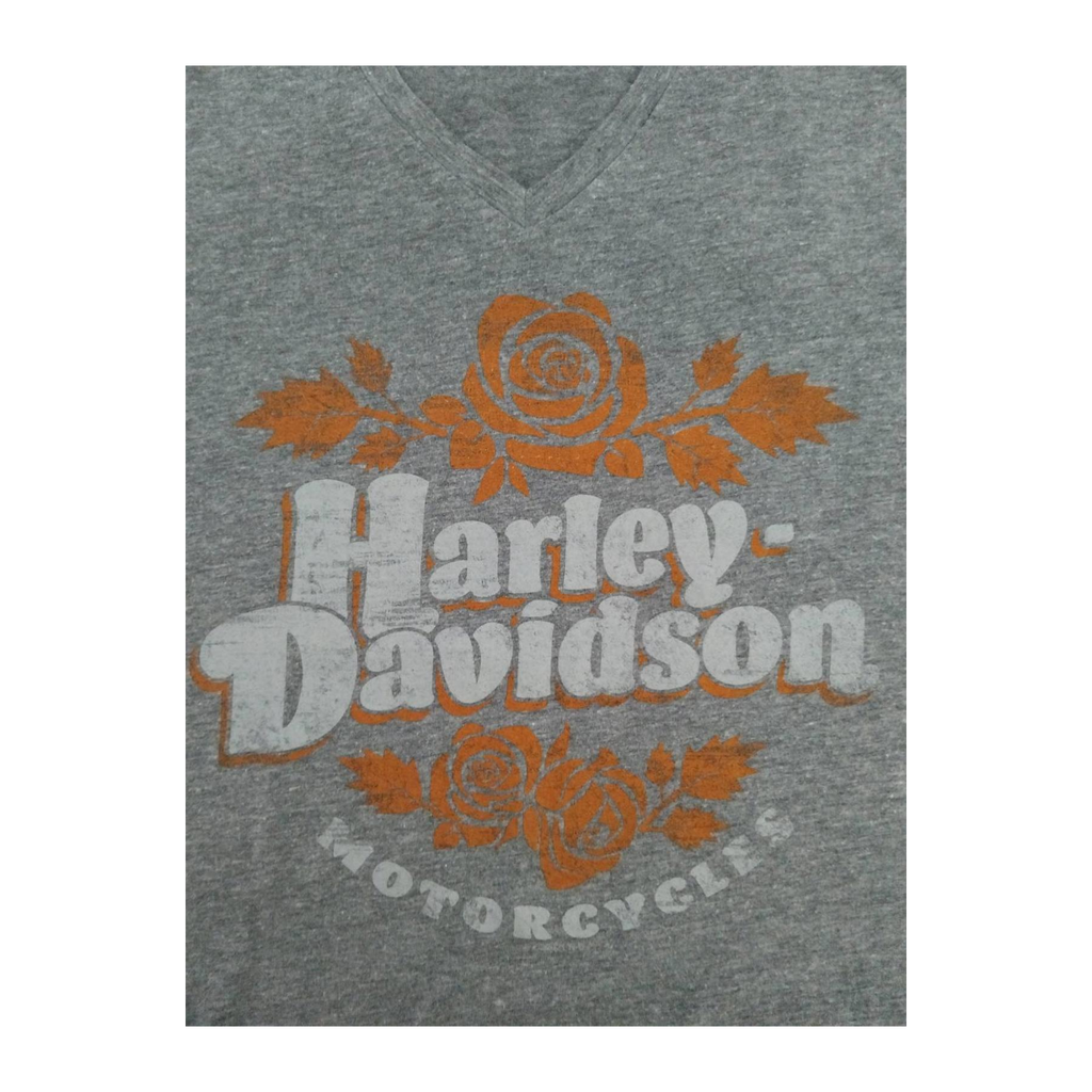 1719 Harley Davidson Women's Floral Logo Short Sleeve V Neck T Shirt Grey S