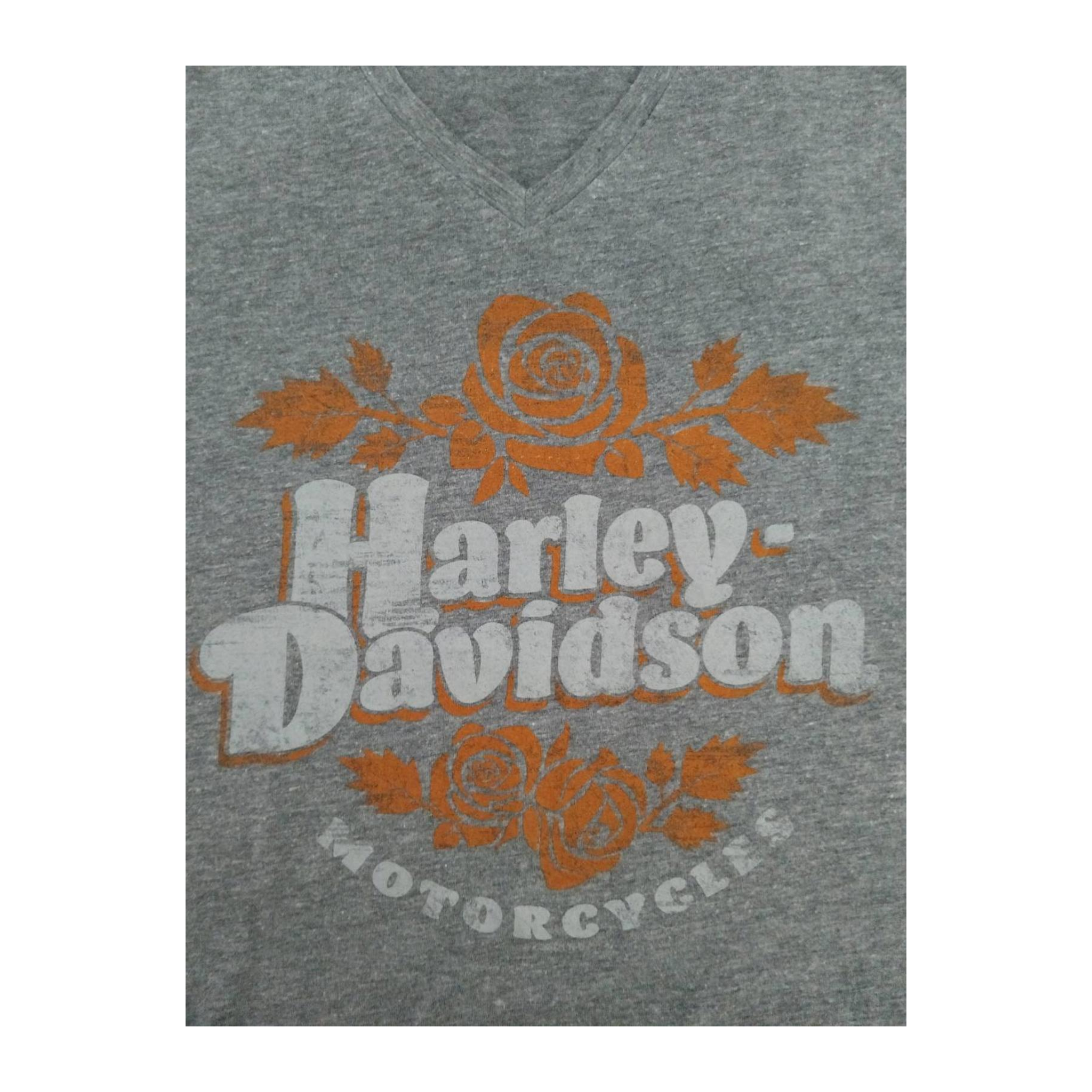 1719 Harley Davidson Women's Floral Logo Short Sleeve V Neck T Shirt Grey S