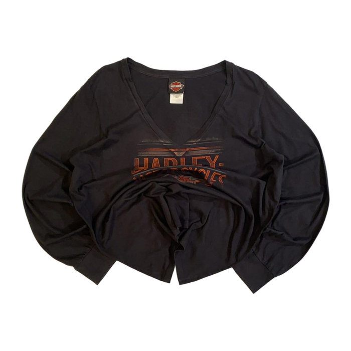 Harley Davidson Women's Filigree Logo Long Sleeve V Neck T Shirt Black 2XL