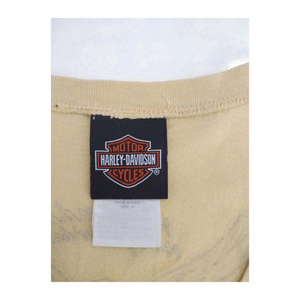 1741 Harley Davidson Men's Y2K Tattoo Graphic Muscle T Yellow XL