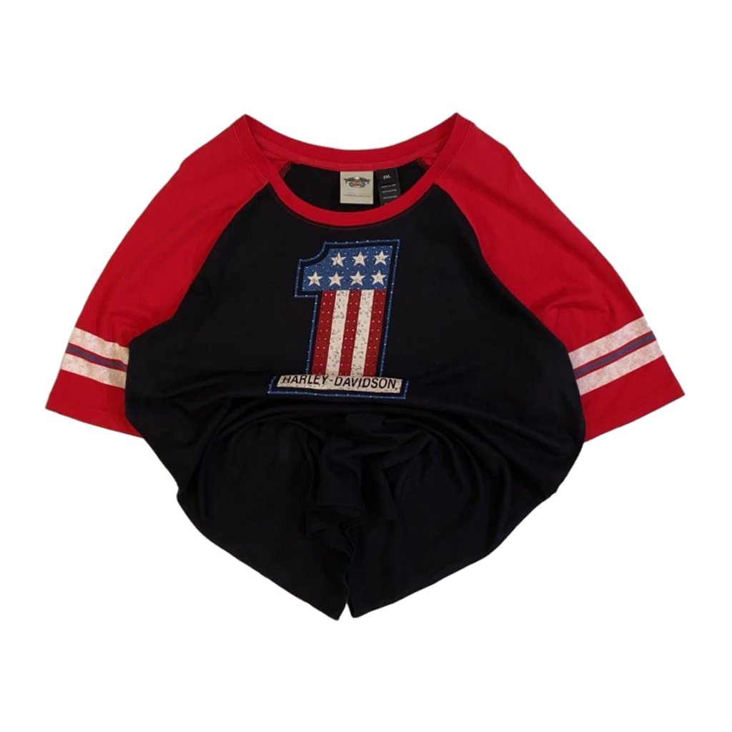 1750 Harley Davidson Women's Bedazzled USA 1 Short Sleeve Baseball T Shirt Black 2XL
