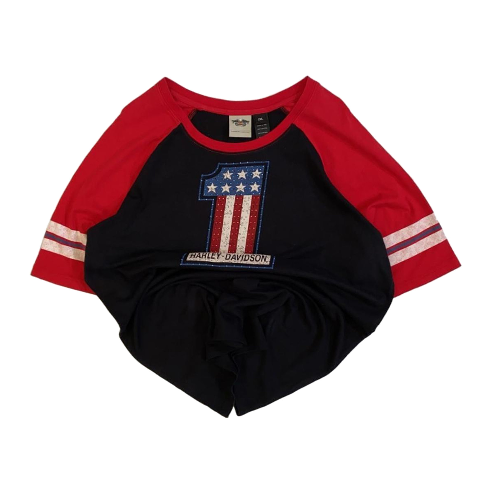 1750 Harley Davidson Women's Bedazzled USA 1 Short Sleeve Baseball T Shirt Black 2XL