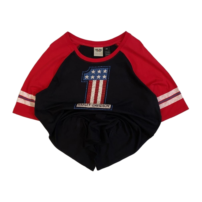 Harley Davidson Women's Bedazzled USA 1 Short Sleeve Baseball T Shirt Black 2XL