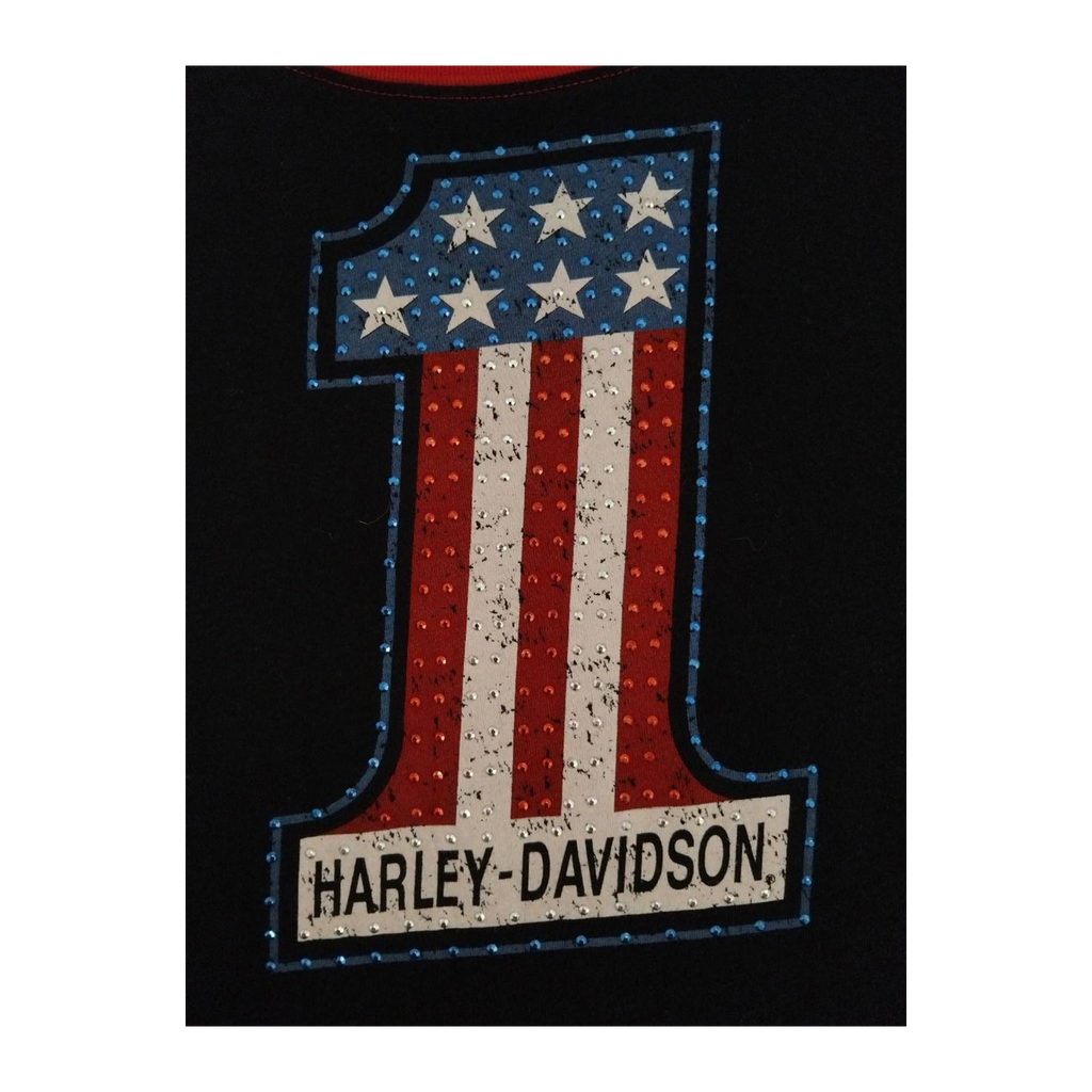 1750 Harley Davidson Women's Bedazzled USA 1 Short Sleeve Baseball T Shirt Black 2XL