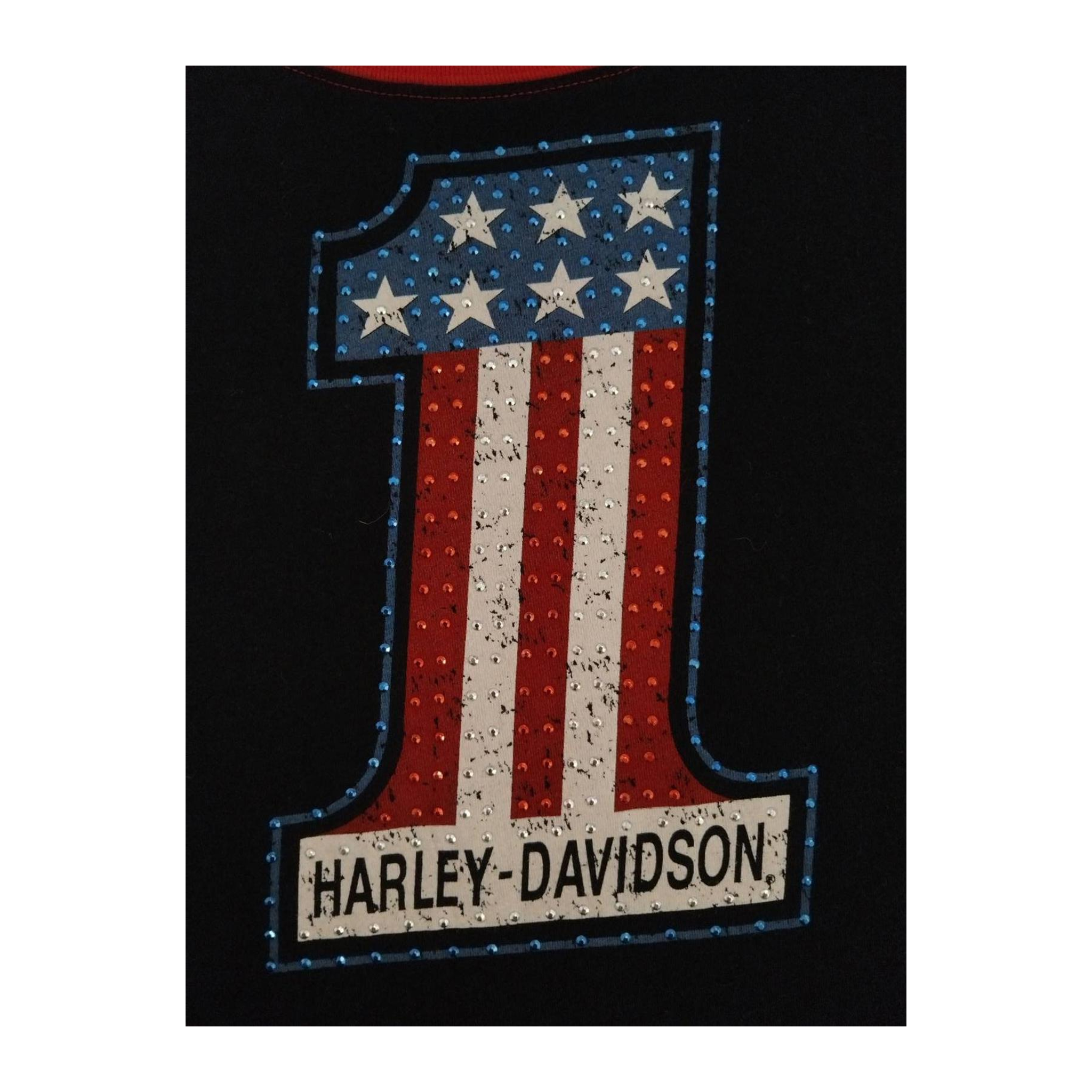 1750 Harley Davidson Women's Bedazzled USA 1 Short Sleeve Baseball T Shirt Black 2XL