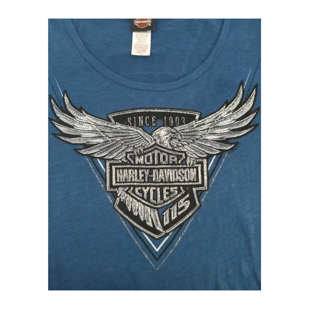 1764 Harley Davidson Women's Glitter Logo Short Sleeve T Shirt Blue XL