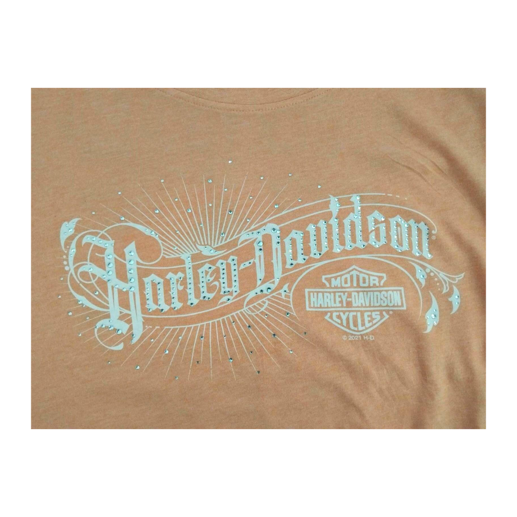 1768 Harley Davidson Women's Rhinestone Accent Logo Black Widow Short Sleeve T Shirt Apricot XL