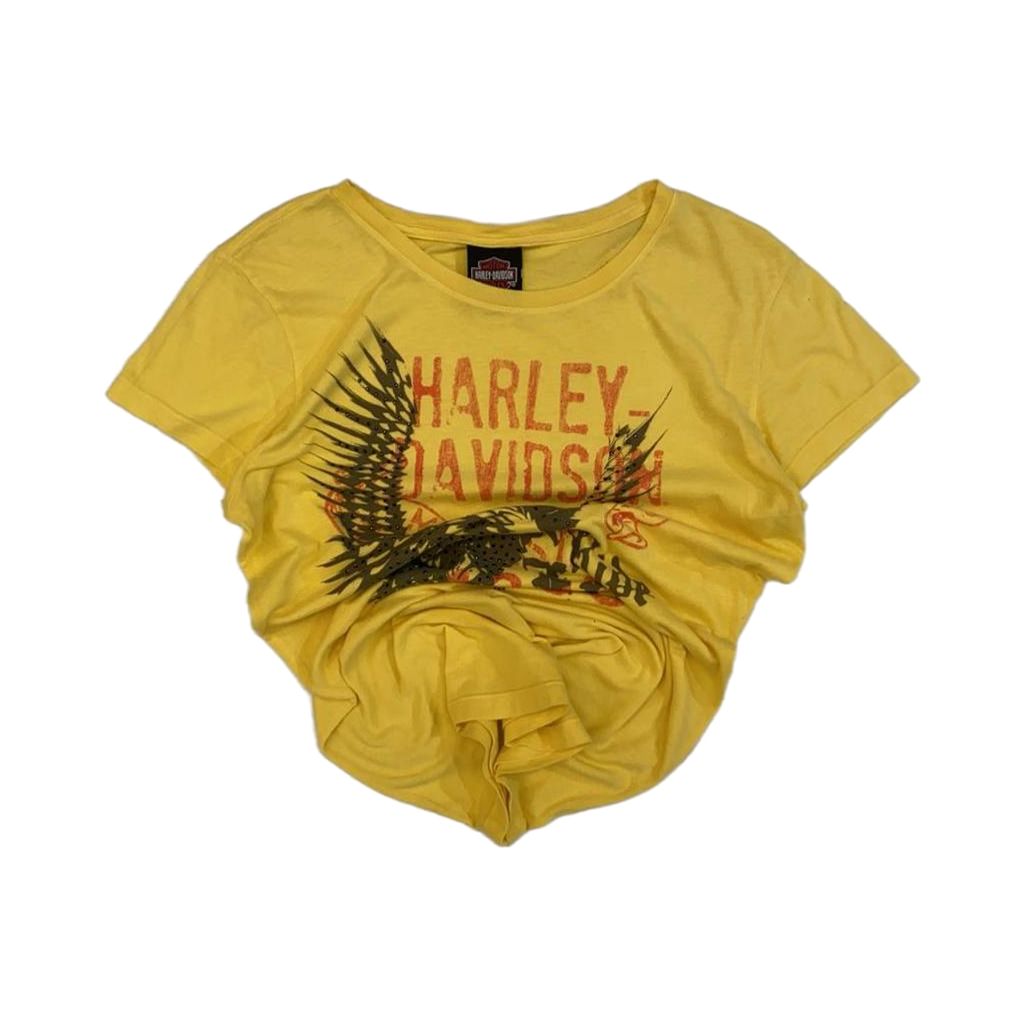 1601 Harley Davidson Rhinestone Eagle Graphic Short Sleeve T Shirt Yellow M