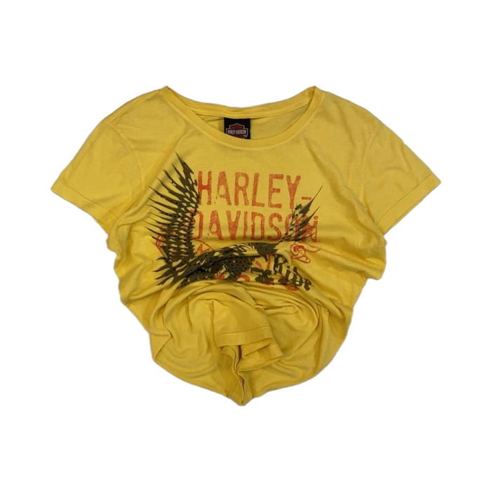 Harley Davidson Rhinestone Eagle Graphic Short Sleeve T Shirt Yellow M