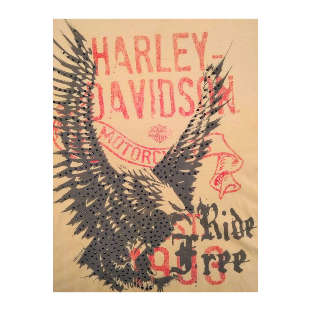 1601 Harley Davidson Rhinestone Eagle Graphic Short Sleeve T Shirt Yellow M