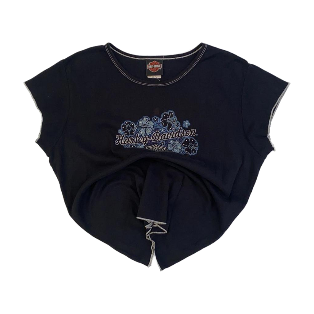1609 Harley Davidson Women's Contrast Stitch Floral Logo Short Sleeve T Shirt Black XL
