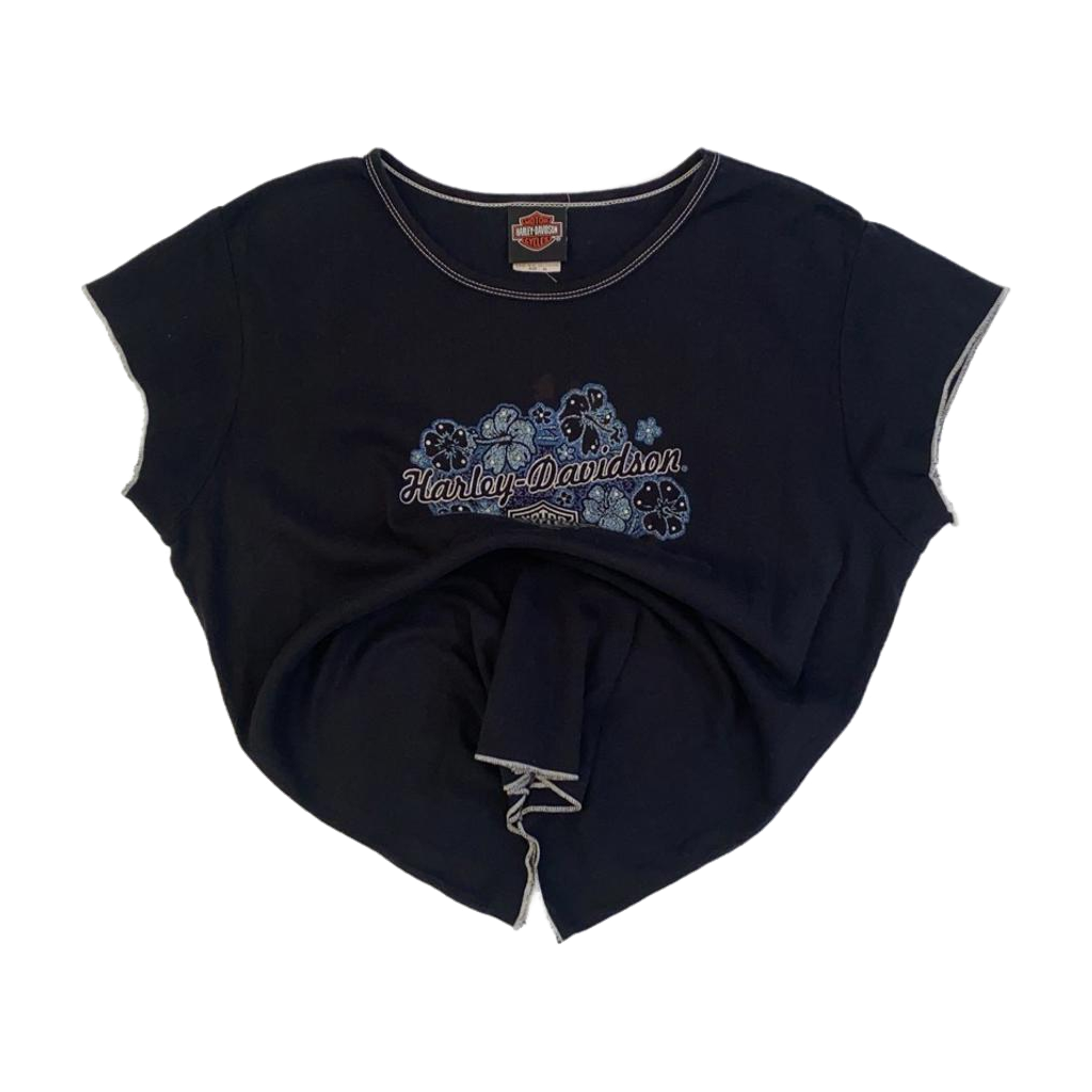 1609 Harley Davidson Women's Contrast Stitch Floral Logo Short Sleeve T Shirt Black XL