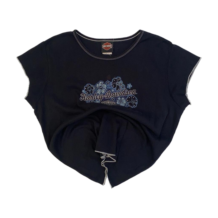 Harley Davidson Women's Contrast Stitch Floral Logo Short Sleeve T Shirt Black XL