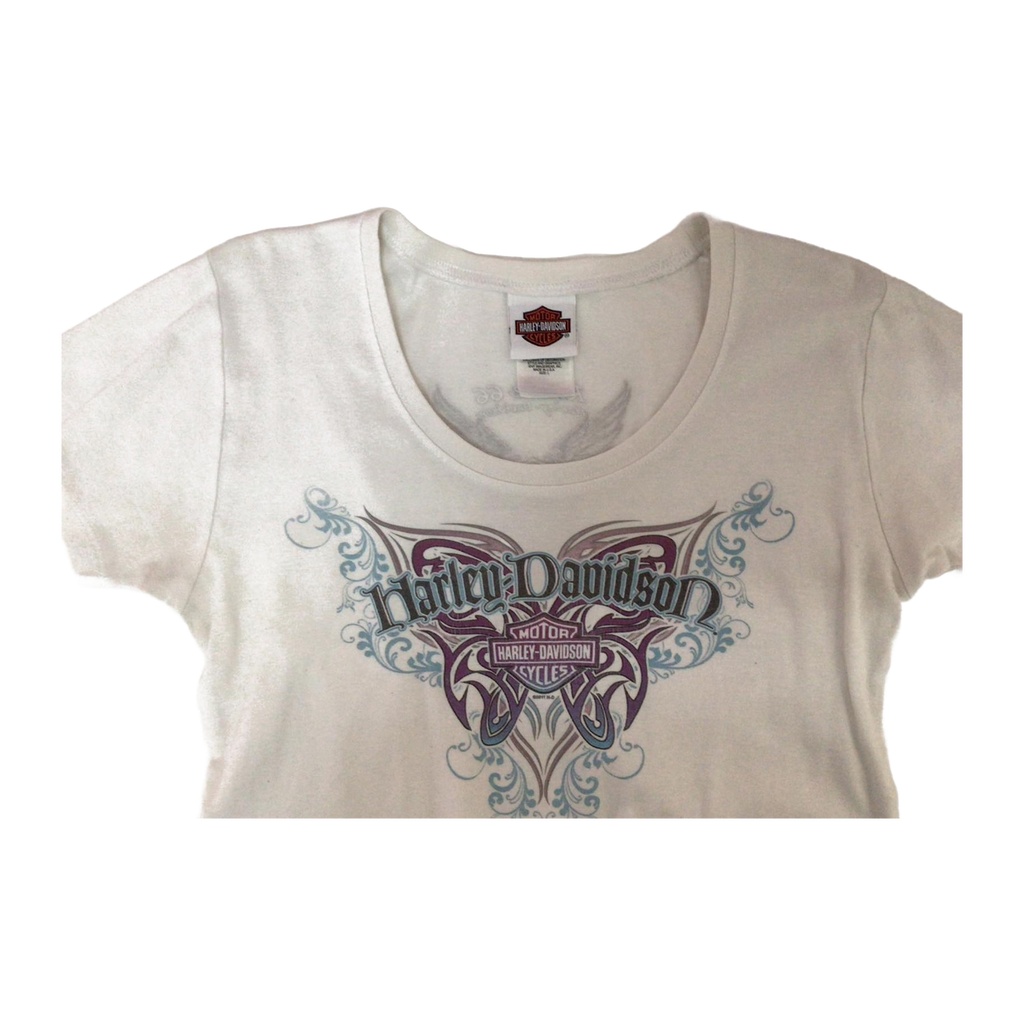 1628 Harley Davidson Women's Y2K Tattoo Style Logo Short Sleeve T Shirt White L